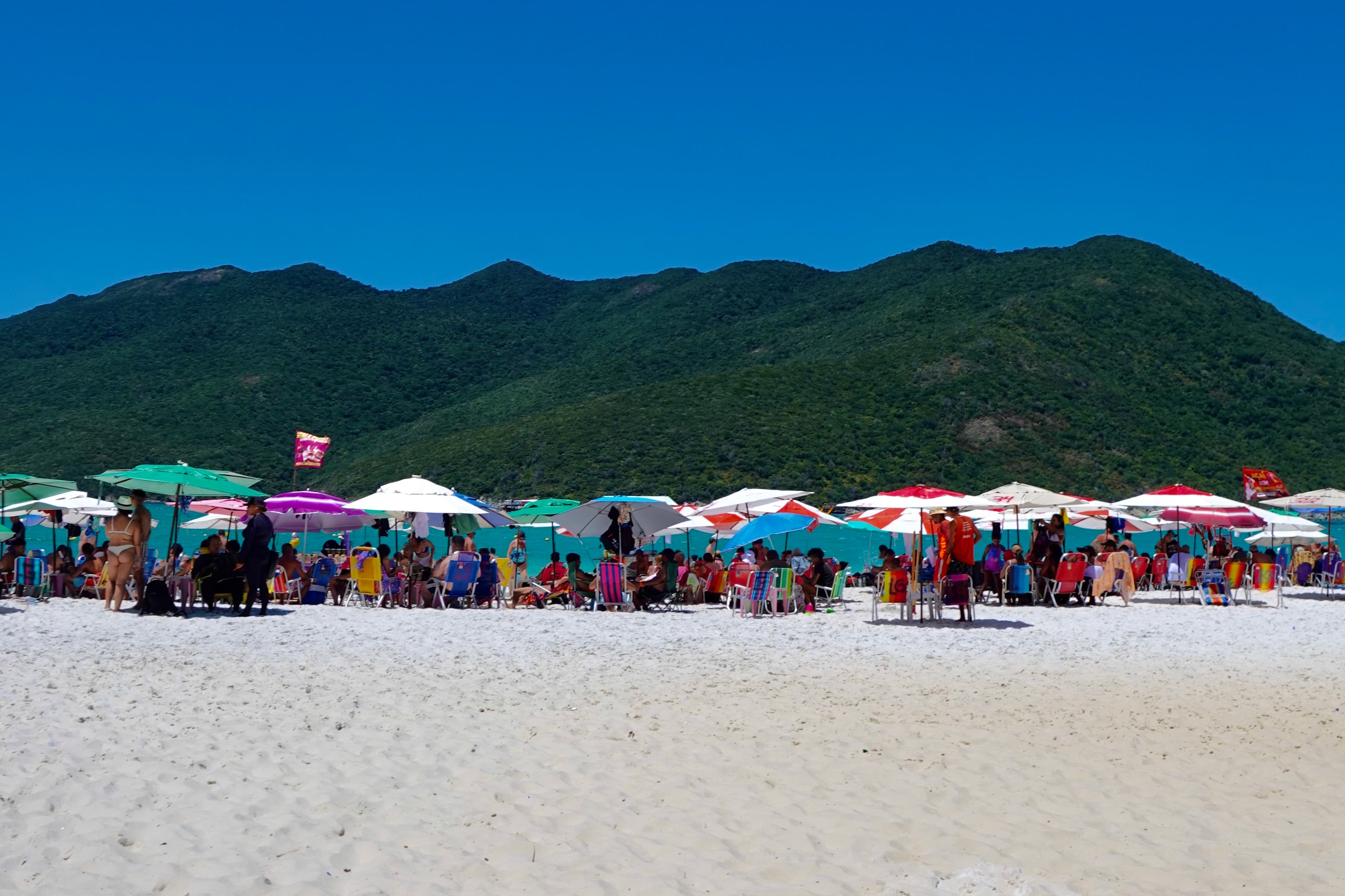 A sun-drenched beach — umbrellas and chairs against the headland